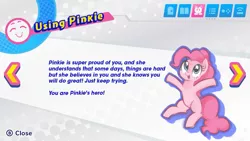 Size: 1181x664 | Tagged: safe, artist:millioncookies, artist:spindlesx, derpibooru import, edit, pinkie pie, ponified, earth pony, pony, c:, cute, dawwww, dialogue, diapinkes, eyes closed, fake screencap, female, happy, kirby, kirby star allies, looking up, mare, menu, motivational, nintendo, open mouth, ponk, positive ponies, sitting, smiling, solo, video game