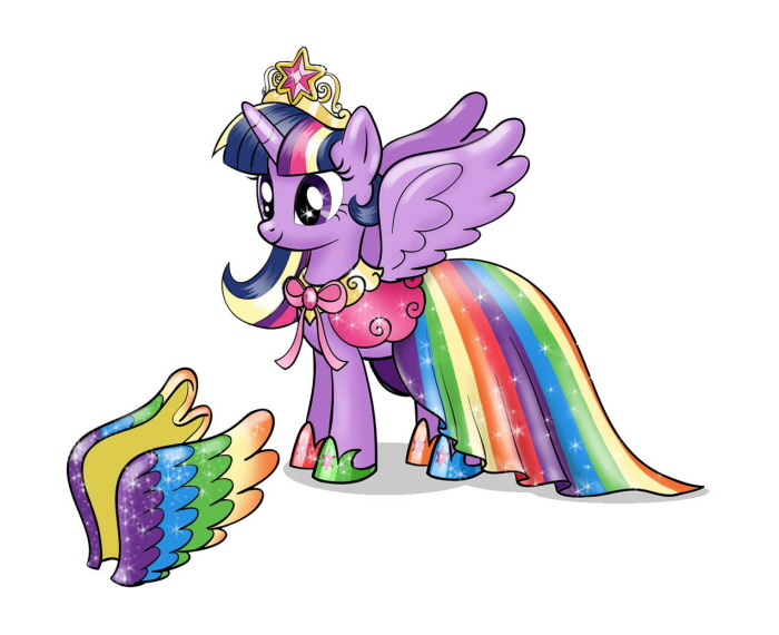 Size: 700x570 | Tagged: alicorn, artist:naokomullally, big crown thingy, clothes, colored wings, concept art, crown, derpibooru import, dress, jewelry, multicolored wings, rainbow wings, regalia, safe, shoes, simple background, solo, toy design, twilight sparkle, twilight sparkle (alicorn), white background