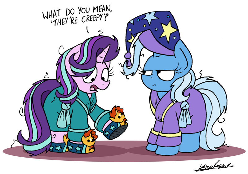 Size: 2041x1433 | Tagged: safe, artist:bobthedalek, derpibooru import, starlight glimmer, sunburst, trixie, pony, unicorn, bathrobe, bed mane, clothes, female, frown, glare, hat, implied shipping, implied starburst, judging you, mare, messy mane, morning ponies, nightcap, not creepy, open mouth, robe, simple background, slippers, themed slippers, trixie is not amused, trixie's nightcap, unamused, white background, wide eyes