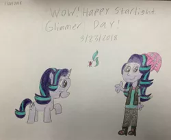 Size: 2940x2416 | Tagged: safe, artist:smurfettyblue, derpibooru import, starlight glimmer, pony, equestria girls, cutie mark, human ponidox, meme, self ponidox, starlight glimmer day, text, traditional art, wow! glimmer