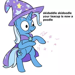 Size: 1280x1280 | Tagged: safe, artist:phat_guy, derpibooru import, trixie, pony, unicorn, bipedal, cape, casting, clothes, dialogue, english, faic, female, glowing horn, hat, magic, mare, meme, raised arm, raised leg, rhyme, simple background, skidaddle skidoodle, solo, spell, teacup, that pony sure does love teacups, trixie's cape, trixie's hat, white background, wide eyes