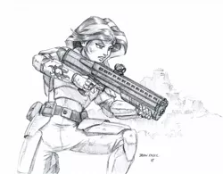 Size: 1300x1014 | Tagged: armor, artist:baron engel, badass, clothes, derpibooru import, fanfic, fanfic art, fanfic:ranger, grayscale, gun, human, humanized, monochrome, patreon, patreon reward, pencil drawing, safe, shotgun, solo, sunset shimmer, traditional art, uts-15, wanderer d, weapon, x-com, xcom 2