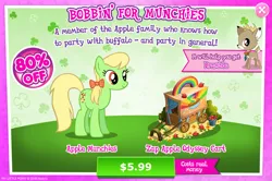 Size: 1084x720 | Tagged: safe, derpibooru import, idw, official, apple munchies, bramble, deer, earth pony, pony, advertisement, apple, apple family member, background pony, costs real money, female, food, gameloft, idw showified, mare, solo, zap apple