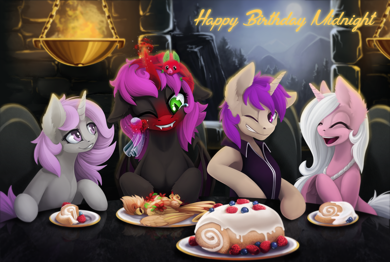 Size: 1500x1006 | Tagged: artist:arctic-fox, birthday, crying, derpibooru import, fruit bat, oc, oc:bright quartz, oc:darkaito, oc:midnight moon, oc:rose quartz, polygamy, safe, tears of joy, unofficial characters only, vampony