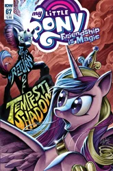 Size: 1054x1600 | Tagged: safe, artist:andypriceart, derpibooru import, idw, princess cadance, tempest shadow, alicorn, pony, unicorn, my little pony: the movie, spoiler:comic, spoiler:comic67, comic cover, cover art, crown, duo, jewelry, regalia, sparking horn