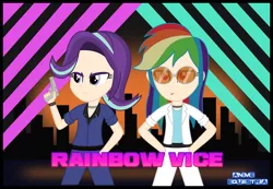 Size: 1616x1120 | Tagged: safe, artist:anime-equestria, derpibooru import, rainbow dash, starlight glimmer, equestria girls, belt, city, duo, glow, gun, handgun, human coloration, jewelry, lights, miami, miami vice, necklace, smoking, stripes, sunglasses, sunset, water, weapon