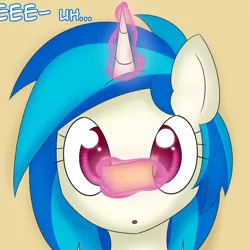 Size: 1280x1280 | Tagged: safe, artist:erthilo, derpibooru import, vinyl scratch, pony, unicorn, ask octavia, :o, ask, bust, colored pupils, cross-eyed, cute, eeee, female, looking at something, magic, magic aura, mare, open mouth, paper, portrait, reading, reflection, simple background, solo, text, tumblr, vinylbetes, yellow background