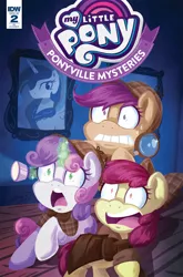 Size: 1054x1600 | Tagged: safe, artist:abbystarling, deleted from derpibooru, derpibooru import, idw, apple bloom, princess celestia, scootaloo, sweetie belle, earth pony, pegasus, pony, unicorn, spoiler:comic, spoiler:comicponyvillemysteries2, bust, cover, cutie mark crusaders, detective, faic, female, filly, flashlight (object), magnifying glass, portrait, scared, shrunken pupils