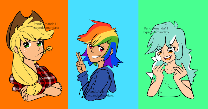 Size: 1752x923 | Tagged: applejack, artist:pandaamanda11, derpibooru import, human, humanized, lyra heartstrings, rainbow dash, safe, watermark