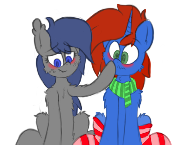 Size: 2000x1500 | Tagged: safe, artist:claudearts, derpibooru import, oc, oc:cyberpon3, oc:midnight feathers, unofficial characters only, bat pony, pony, unicorn, bat pony oc, blushing, boop, clothes, duo, fluffy, scarf, scrunchy face, shy, simple background, sitting, socks, striped socks, transparent background