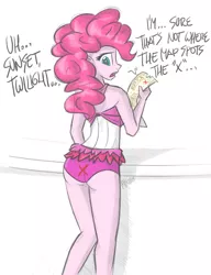 Size: 800x1043 | Tagged: suggestive, artist:flutterthrash, derpibooru import, pinkie pie, equestria girls, equestria girls series, x marks the spot, ass, clothes, dialogue, female, looking back, rear view, skirt, solo, solo female, swimsuit