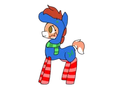 Size: 1600x1200 | Tagged: safe, artist:nootaz, derpibooru import, oc, oc:cyberpon3, oc:pony in a horse suit, unofficial characters only, clothes, costume, scarf, simple background, socks, solo, striped socks, transparent background