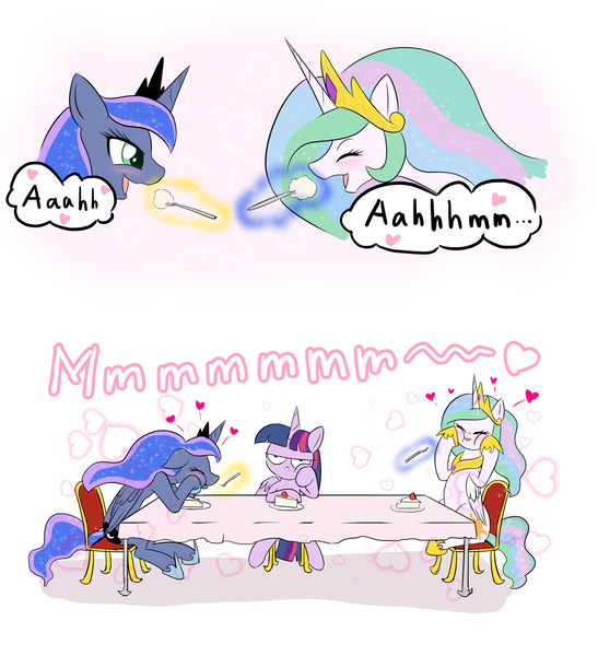 Size: 1830x2009 | Tagged: safe, artist:phoenixperegrine, derpibooru import, princess celestia, princess luna, twilight sparkle, twilight sparkle (alicorn), alicorn, pony, blushing, cake, cakelestia, comic, cute, cutelestia, feeding, female, food, glowing horn, heart, lunabetes, magic, mare, royal sisters, simple background, smiling, twilight is not amused, unamused, white background