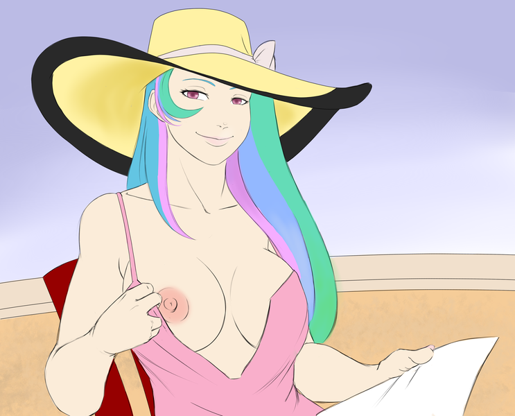 Size: 3834x3096 | Tagged: artist:eve-ashgrove, breasts, busty princess celestia, clothes, derpibooru import, exposed breasts, female, flashing, hat, human, humanized, looking at you, nipples, nudity, one-piece swimsuit, princess celestia, questionable, self exposure, smiling, solo, solo female, swimsuit