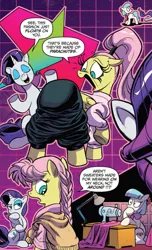 Size: 583x957 | Tagged: safe, artist:andypriceart, derpibooru import, idw, coco pommel, fluttershy, rarity, earth pony, pony, unicorn, spoiler:comic, spoiler:comic64, braid, clothes, comic, flutterbutt, montage, official comic, parachute pants, ponytail, sweater, sweatershy