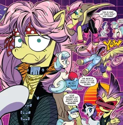 Size: 926x943 | Tagged: safe, artist:andypriceart, derpibooru import, idw, coco pommel, fluttershy, rarity, earth pony, pegasus, pony, unicorn, spoiler:comic, spoiler:comic64, 80s, acid, aerosmith, bandana, choker, clothes, comic, dialogue, fluttershy is not amused, jeans, jewelry, leg warmers, leotard, literal butthurt, mohawk, necklace, not amused face, official comic, pain, pants, plot, slice of life, song reference, speech bubble, spread wings, steven tyler, sunglasses, synthwave, unamused, wings