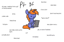 Size: 737x487 | Tagged: safe, artist:nootaz, derpibooru import, oc, oc:cyberpon3, unofficial characters only, pony, unicorn, pony town, computer, ideal gf, laptop computer, male, meme, simple background, sitting, solo, stallion, white background