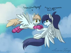 Size: 1024x768 | Tagged: safe, artist:aurorafang, derpibooru import, oc, oc:flurry, oc:zephyrfrost, unofficial characters only, pegasus, pony, clothes, colt, female, flying, lesson, male, mare, mother and son, socks, striped socks