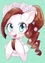 Size: 871x1200 | Tagged: artist:bbtasu, colored hooves, cute, derpibooru import, female, flower, flower in hair, hooves together, looking at you, mare, oc, oc:nel drip, safe, simple background, smiling, solo