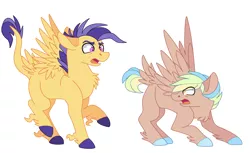 Size: 2944x1804 | Tagged: safe, artist:maiachlte, derpibooru import, oc, oc:sandstorm winds, oc:shooting star, unofficial characters only, pegasus, pony, blank flank, chest fluff, colored hooves, colt, leonine tail, magical lesbian spawn, male, offspring, parent:flash sentry, parent:lightning dust, parent:rainbow dash, parent:twilight sparkle, parents:flashlight, parents:rainbowdust, simple background, tail feathers, white background