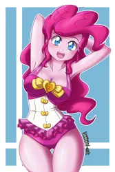 Size: 3000x4500 | Tagged: suggestive, artist:danmakuman, derpibooru import, pinkie pie, equestria girls, equestria girls series, forgotten friendship, adorasexy, anime, arm behind head, armpits, attached skirt, big breasts, bow swimsuit, breasts, busty pinkie pie, cleavage, clothes, commission, cute, diapinkes, female, frilled swimsuit, looking at you, moe, one-piece swimsuit, open mouth, pink swimsuit, sexy, simple background, skirt, solo, solo female, swimsuit, transparent background, tricolor swimsuit, underass
