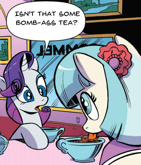 Size: 489x573 | Tagged: safe, artist:andypriceart, derpibooru import, edit, idw, coco pommel, rarity, earth pony, pony, unicorn, spoiler:comic64, :p, bomb ass tea, cropped, cup, dialogue, drinking, eye contact, female, food, horses doing horse things, lapping, looking at each other, mare, mlem, open mouth, silly, sitting, speech bubble, tea, teacup, tongue out