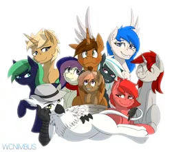 Size: 3402x3004 | Tagged: safe, artist:wcnimbus, derpibooru import, oc, oc:artillery fire, oc:coppercore, oc:crosswind, oc:fusion core, oc:jacquelyn, oc:lilith kamaria, oc:middy, oc:rias, oc:snowdrift, oc:waves, unofficial characters only, earth pony, gryphon, pegasus, pony, unicorn, blushing, clothes, draw me like one of your french girls, eared griffon, fedora, female, freckles, group, harem, hat, male, mare, scarf, simple background, stallion, wingding eyes