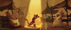 Size: 1920x804 | Tagged: safe, derpibooru import, screencap, applejack, capper dapperpaws, abyssinian, anthro, digitigrade anthro, earth pony, pony, my little pony: the movie, anthro with ponies, i'm the friend you need, klugetown, klugetowner, smiling, spotlight