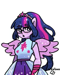 Size: 800x1000 | Tagged: safe, artist:cardavia, derpibooru import, sci-twi, twilight sparkle, equestria girls, equestria girls series, forgotten friendship, blushing, clothes, crown, dress, female, glasses, jewelry, looking at you, ponied up, regalia, scitwilicorn, solo
