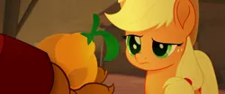 Size: 1920x804 | Tagged: safe, derpibooru import, screencap, applejack, capper dapperpaws, abyssinian, anthro, earth pony, pony, my little pony: the movie, anthro with ponies, confused, cowboy hat, female, fruit, hat, i'm the friend you need, klugetown, male, mare, raised eyebrow, suspicious