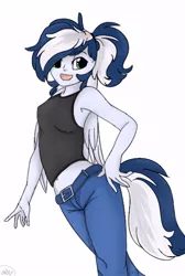 Size: 404x600 | Tagged: anthro, artist:mariashapony, belt, clothes, derpibooru import, female, jeans, mare, midriff, oc, oc:maxi, open mouth, pants, pegasus, ponytail, safe, simple background, solo, tanktop, white background, wings