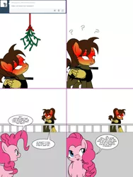 Size: 1204x1604 | Tagged: safe, artist:dekomaru, derpibooru import, pinkie pie, oc, oc:hattori, earth pony, pegasus, pony, tumblr:ask twixie, ask, blushing, blushing profusely, comic, female, mare, mistletoe, question mark, tumblr