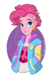 Size: 900x1300 | Tagged: safe, artist:0-alessandrx-0, derpibooru import, pinkie pie, equestria girls, blushing, clothes, cute, diapinkes, ear piercing, earring, female, hands in pockets, heart, jacket, jewelry, mohawk, piercing, punkie pie, simple background, solo, transparent background