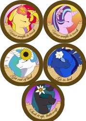 Size: 768x1080 | Tagged: artist:rainbow-smashed, contrast, derpibooru import, flower, flower in hair, lol, princess celestia, princess luna, queen chrysalis, safe, simple background, starlight glimmer, sunset shimmer, white background, your waifu is trash