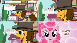 Size: 2564x1444 | Tagged: safe, artist:hakunohamikage, derpibooru import, cheese sandwich, pinkie pie, pony, ask-princesssparkle, ask, cheesepie, clothes, female, hat, male, saddle, shipping, straight, tack, the pony with no name, tumblr