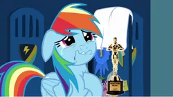 Size: 1280x722 | Tagged: abuse, dashabuse, derpibooru import, downvote bait, edit, edited screencap, lies, oscar, parental glideance, rainbow dash, sad, safe, screencap, worst pony