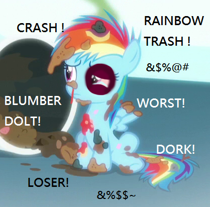 Size: 418x412 | Tagged: semi-grimdark, derpibooru import, edit, rainbow dash, pegasus, pony, newbie dash, abuse, abuse edit, background pony strikes again, black eye, blood, bully, crying, dashabuse, edgy, female, filly, rainbow trash, sad, why