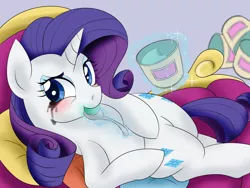 Size: 1200x900 | Tagged: safe, alternate version, artist:umejiru, derpibooru import, rarity, pony, unicorn, comfort eating, crying, eating, fainting couch, female, food, ice cream, looking at you, makeup, mare, marshmelodrama, mascara, mascarity, running makeup, solo, spoon