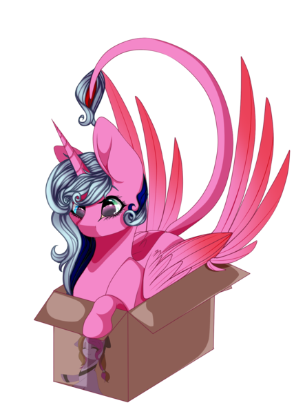 Size: 1117x1513 | Tagged: safe, artist:xxmissteaxx, derpibooru import, oc, oc:color streak, oc:symphony diamond, alicorn, pony, unicorn, box, female, mare, pony in a box, prone, simple background, transparent background