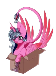 Size: 1117x1513 | Tagged: safe, artist:xxmissteaxx, derpibooru import, oc, oc:color streak, oc:symphony diamond, alicorn, pony, unicorn, box, female, mare, pony in a box, prone, simple background, transparent background