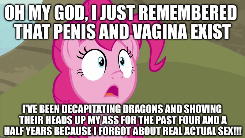 Size: 1280x720 | Tagged: background pony strikes again, derpibooru import, edit, edited screencap, excessive exclamation marks, grammar error, gross, image macro, implied decapitation, implied murder, meme, pinkie pie, questionable, screencap, semi-grimdark, wat