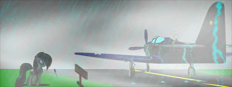 Size: 3278x1234 | Tagged: safe, artist:daszkin, derpibooru import, oc, unofficial characters only, pegasus, pony, airfield, fighter, fog, king cobra, knife, p63 a-10, ponysona, rain, sad, simple background, solo, world war ii