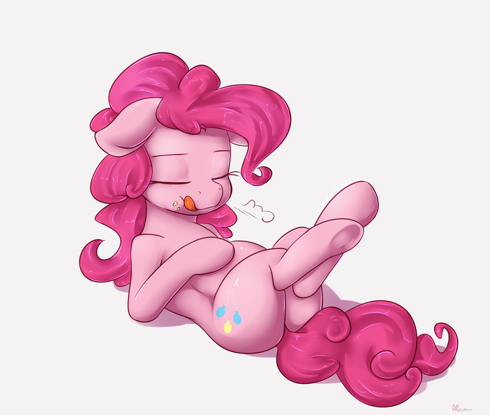 Size: 1625x1375 | Tagged: safe, artist:alasou, deleted from derpibooru, derpibooru import, pinkie pie, earth pony, pony, belly, chubby, crumbs, eyes closed, female, floppy ears, food baby, food on face, licking, licking lips, mare, on back, simple background, solo, tongue out, underhoof