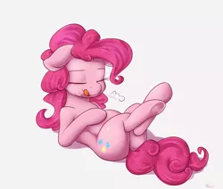 Size: 1625x1375 | Tagged: safe, artist:alasou, deleted from derpibooru, derpibooru import, pinkie pie, earth pony, pony, belly, chubby, crumbs, eyes closed, female, floppy ears, food baby, food on face, licking, licking lips, mare, on back, simple background, solo, tongue out, underhoof