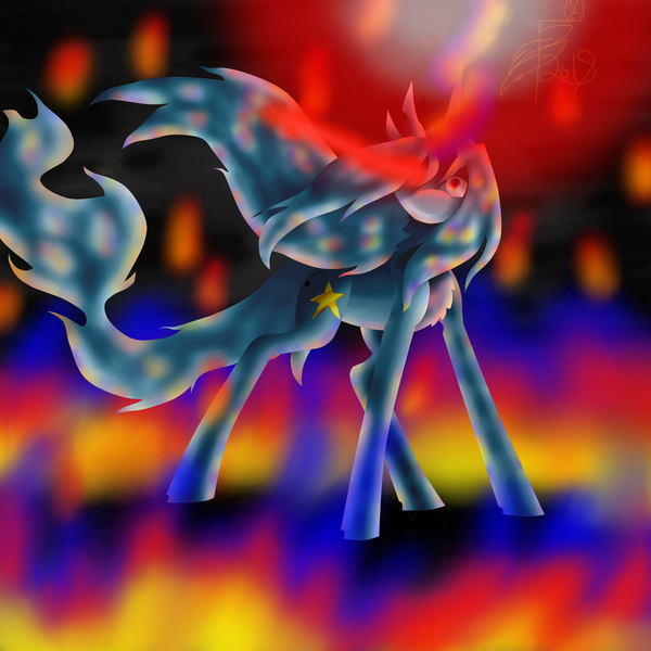 Size: 5800x5800 | Tagged: safe, artist:florarena-kitasatina/dragonborne fox, derpibooru import, ponified, pony, unicorn, absurd resolution, alternate cutie mark, crossover, dat mane tho, dat tail tho, female, fire, flowing mane, glowing eyes, glowing eyes of doom, now you fucked up, pastel, rainbow eyes, sinister smile, solo, starbreaker (sora), staring into your soul, technicolor eyes, torn ear, watermark, what a lovely pony to meet in the middle of the night, wide eyes