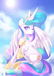 Size: 1000x1400 | Tagged: safe, artist:drawntildawn, derpibooru import, princess celestia, alicorn, pony, cloud, cute, cutelestia, cutie mark, female, hooves, horn, jewelry, mare, on a cloud, one eye closed, raised hoof, regalia, sitting, sitting on cloud, sky, smiling, solo, spread wings, sun, tiara, wings, wink