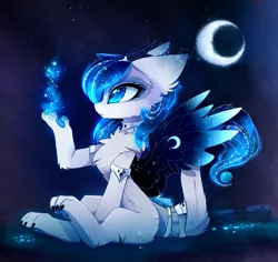 Size: 2093x1974 | Tagged: safe, artist:magnaluna, derpibooru import, oc, oc:polaris, unofficial characters only, cat, cat pony, original species, cheek fluff, chest fluff, colored pupils, colored wings, ear fluff, ethereal mane, fusion, galaxy mane, gradient wings, leg fluff, magic, moon, night, paws, sitting, solo, starry eyes, wingding eyes