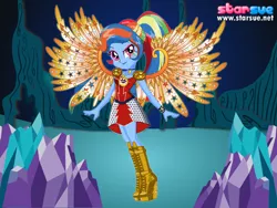 Size: 800x600 | Tagged: safe, artist:user15432, derpibooru import, rainbow dash, equestria girls, legend of everfree, boots, bracelet, clothes, crystal guardian, crystal wings, dress, dressup, dressup game, jewelry, necklace, ponied up, shoes, starsue, super ponied up, winged humanization, wings
