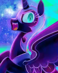 Size: 800x1000 | Tagged: safe, artist:ryuredwings, derpibooru import, nightmare moon, alicorn, pony, color porn, ethereal mane, eyestrain warning, female, helmet, mare, open mouth, signature, smiling