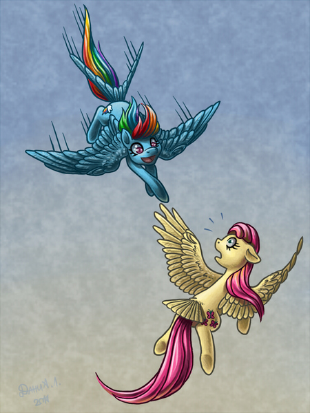 Size: 750x1000 | Tagged: safe, artist:dany-the-hell-fox, derpibooru import, fluttershy, rainbow dash, pegasus, pony, augmented tail, duo, female, flying, looking at each other, mare, spread wings, tail feathers, wings